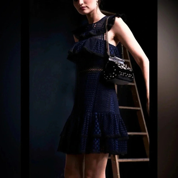 Jay Godfrey Ruffle Lace Dress black and dark blue size 10 excellent condtion - Picture 3 of 14